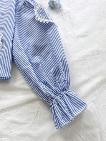 Ladies Casual Striped Shirt For Vacation, Front Bow Tie Collar, Heart Shape Lace Patchwork Pocket, Suitable For Autumn