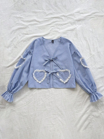 Ladies Casual Striped Shirt For Vacation, Front Bow Tie Collar, Heart Shape Lace Patchwork Pocket, Suitable For Autumn