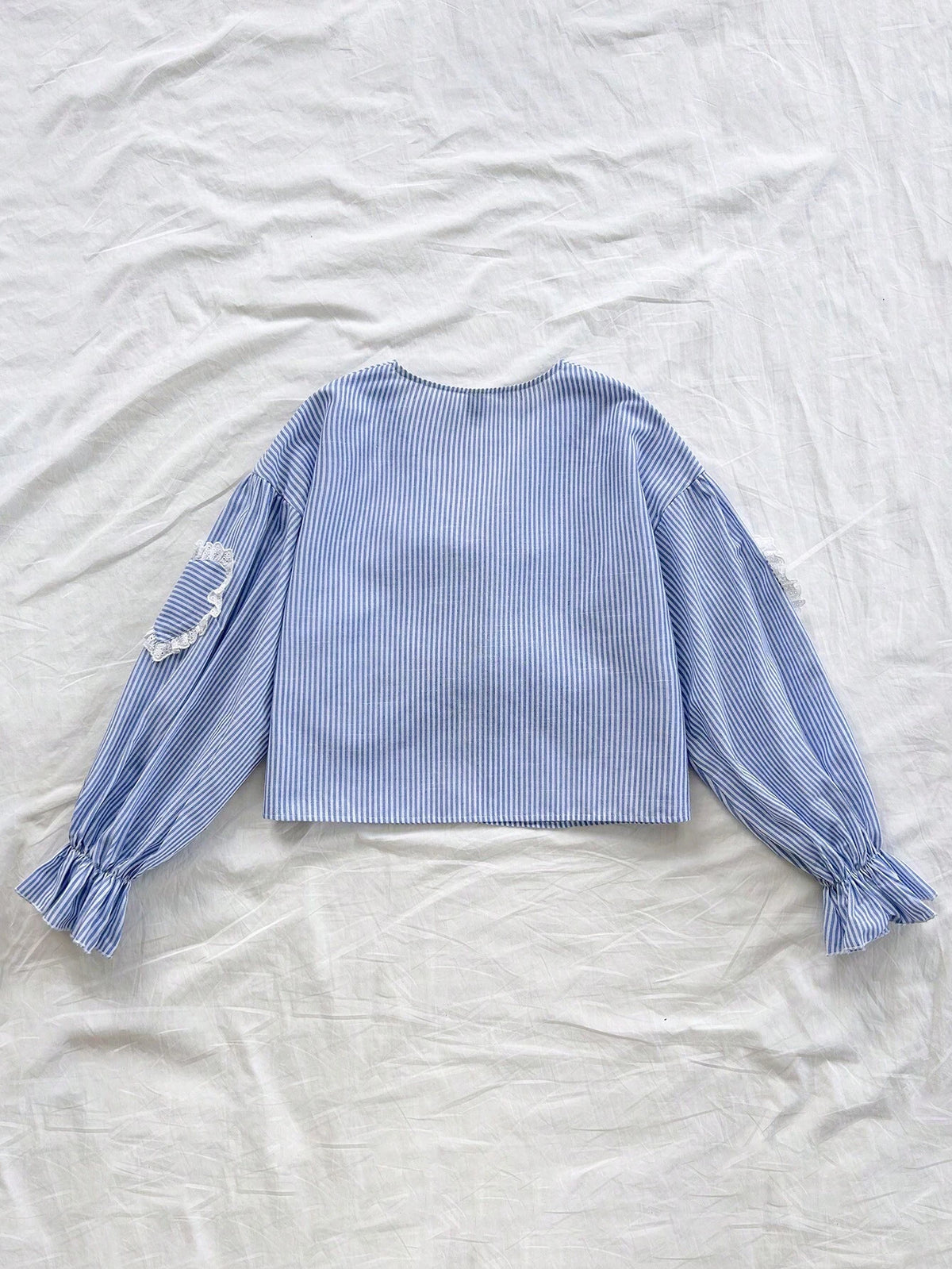 Ladies Casual Striped Shirt For Vacation, Front Bow Tie Collar, Heart Shape Lace Patchwork Pocket, Suitable For Autumn