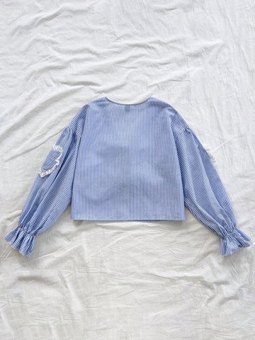 Ladies Casual Striped Shirt For Vacation, Front Bow Tie Collar, Heart Shape Lace Patchwork Pocket, Suitable For Autumn