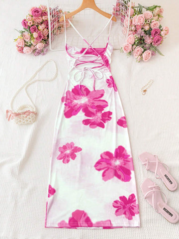 Ladies' Casual Vacation White & Red Big Floral Print Swing Cami Maxi Dress With Backless Design