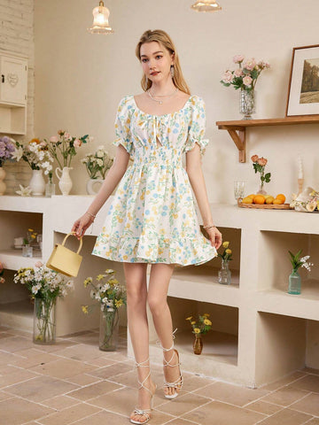 Ladies' Elegant Short Sleeve Print Random Floral Dress