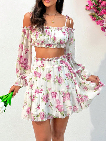 Ladies' Hollow-Out Floral Pattern Short Crop Top And Skirt Set With Exposed Shoulders