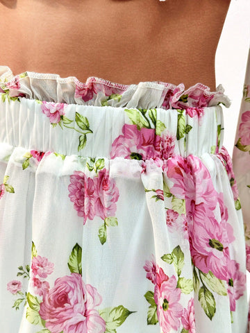 Ladies' Hollow-Out Floral Pattern Short Crop Top And Skirt Set With Exposed Shoulders