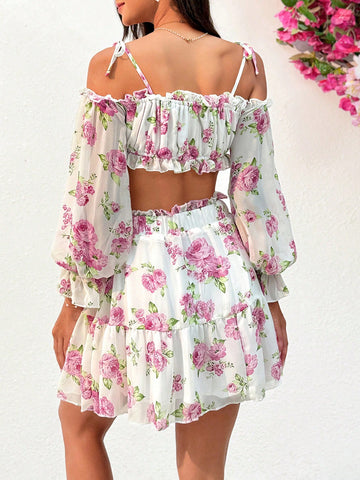 Ladies' Hollow-Out Floral Pattern Short Crop Top And Skirt Set With Exposed Shoulders