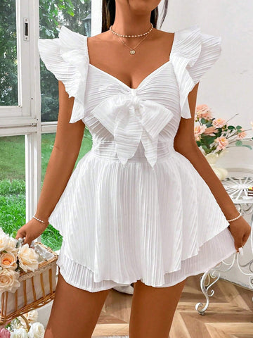 Ladies' Jumpsuit With Textured Fabric, Bow And Lace Sleeves