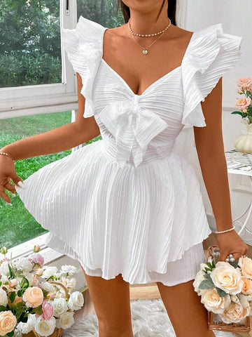 Ladies' Jumpsuit With Textured Fabric, Bow And Lace Sleeves