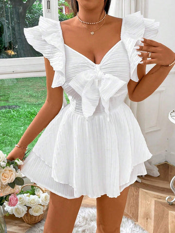 Ladies' Jumpsuit With Textured Fabric, Bow And Lace Sleeves