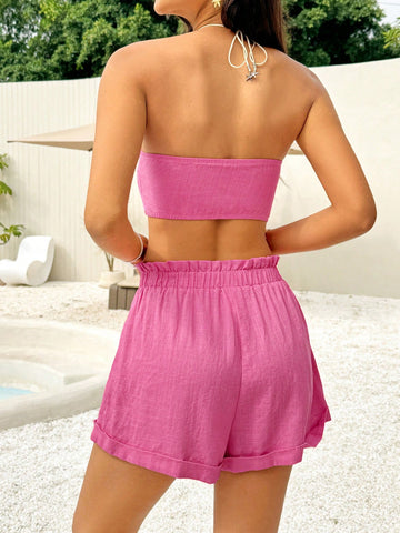 Ladies' Pink Strapless Top And Shorts Set