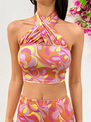 Ladies' Random Print Halter Top+Skirt Set For Summer