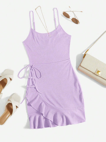 Ladies Summer Side Lace Up Knitted Solid Color Cami Dress