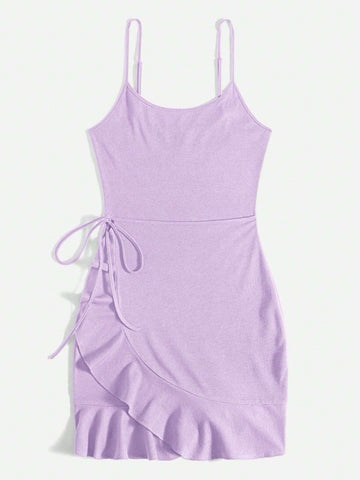 Ladies Summer Side Lace Up Knitted Solid Color Cami Dress