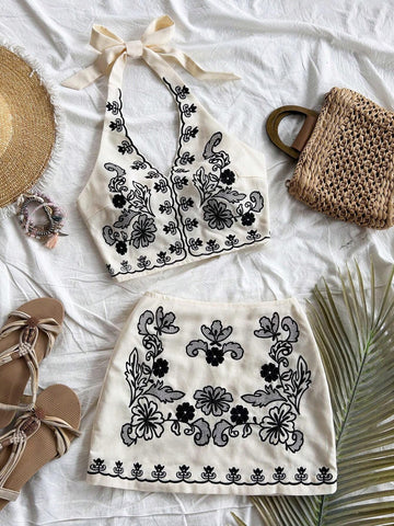 Ladies Vacation Apricot Base Black Flower Embroidered Halter Neck Bow Tie Crop Top And A-Line Mini Skirt Set,Women Set,Christmas Women Clothes,Beach Vacation Outfit,Party Women Outfit