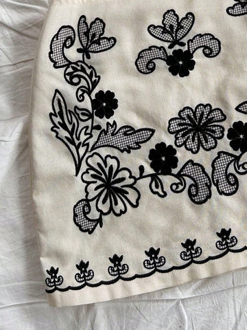 Ladies Vacation Apricot Base Black Flower Embroidered Halter Neck Bow Tie Crop Top And A-Line Mini Skirt Set,Women Set,Christmas Women Clothes,Beach Vacation Outfit,Party Women Outfit