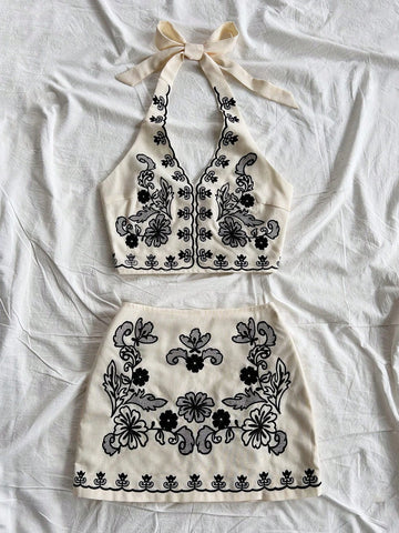Ladies Vacation Apricot Base Black Flower Embroidered Halter Neck Bow Tie Crop Top And A-Line Mini Skirt Set,Women Set,Christmas Women Clothes,Beach Vacation Outfit,Party Women Outfit