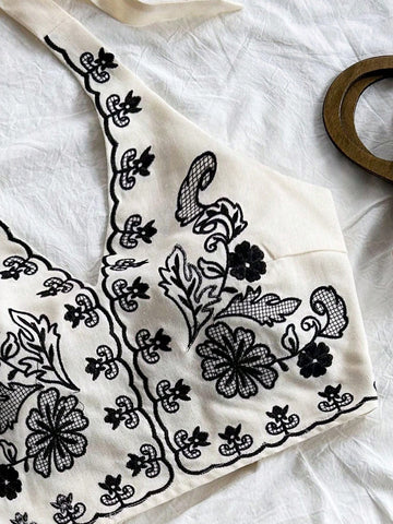 Ladies Vacation Apricot Base Black Flower Embroidered Halter Neck Bow Tie Crop Top And A-Line Mini Skirt Set,Women Set,Christmas Women Clothes,Beach Vacation Outfit,Party Women Outfit