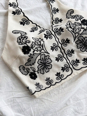 Ladies Vacation Apricot Base Black Flower Embroidered Halter Neck Bow Tie Crop Top And A-Line Mini Skirt Set,Women Set,Christmas Women Clothes,Beach Vacation Outfit,Party Women Outfit