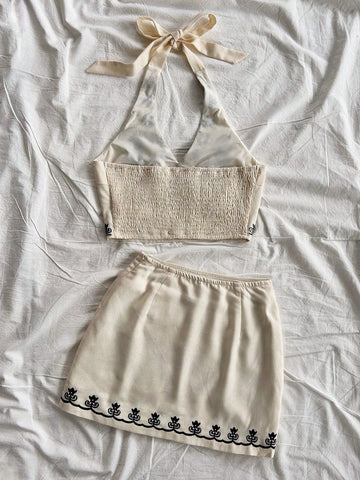 Ladies Vacation Apricot Base Black Flower Embroidered Halter Neck Bow Tie Crop Top And A-Line Mini Skirt Set,Women Set,Christmas Women Clothes,Beach Vacation Outfit,Party Women Outfit