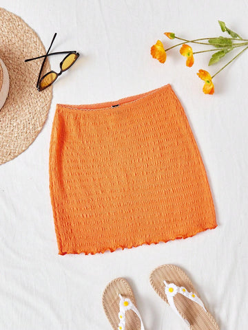 WYWH Ladies' Vacation Vacation Orange Knit Texture Elastic Waistband Wave Edge Casual Bodycon Skirt