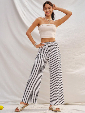 WYWH Leisure Vacation Loose Fit Wide Leg Striped Pants