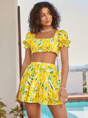 Lemon Print Square Neck Crop Top And Ruffle Hem Midi Skirt