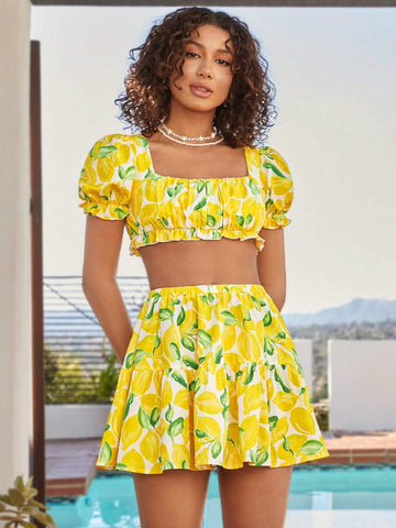 Lemon Print Square Neck Crop Top And Ruffle Hem Midi Skirt