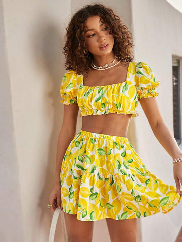 Lemon Print Square Neck Crop Top And Ruffle Hem Midi Skirt