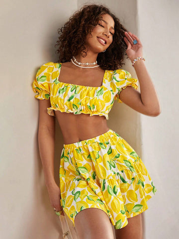 Lemon Print Square Neck Crop Top And Ruffle Hem Midi Skirt