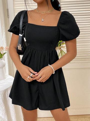 Loose Fit Square Neckline Puff Sleeve Backless Romper