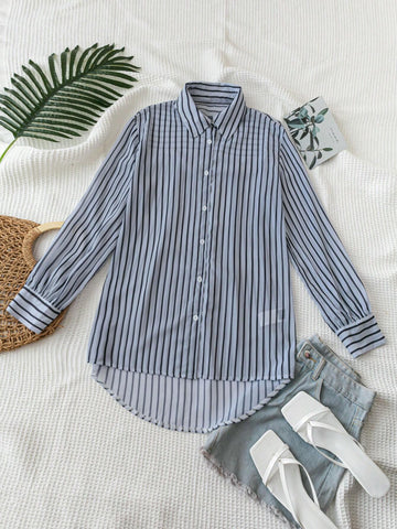 Loose Fit Striped Sunscreen Casual Vacation Shirt With Long Sleeves