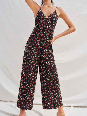 Loose Floral Print Spaghetti Strap Wide Leg Jumpsuit