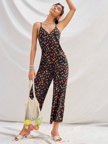 Loose Floral Print Spaghetti Strap Wide Leg Jumpsuit