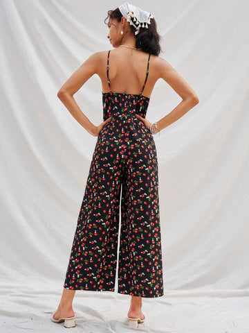 Loose Floral Print Spaghetti Strap Wide Leg Jumpsuit