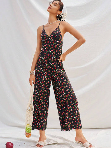 Loose Floral Print Spaghetti Strap Wide Leg Jumpsuit
