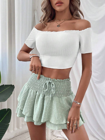 Off-Shoulder Cropped Top And Shirred-Waist Shorts Set