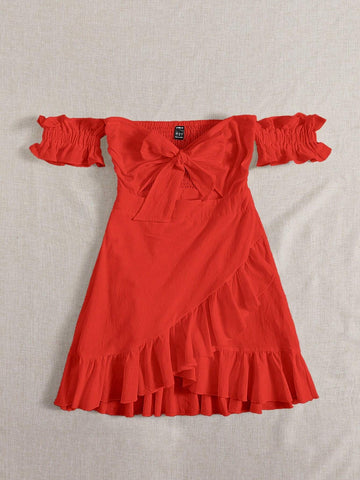 Off-Shoulder Dress With Frilled Hem And Bowknot Detail