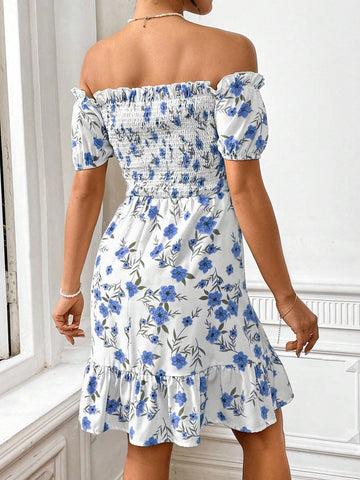 One Shoulder Floral Print Dress