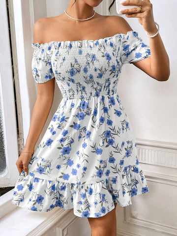 One Shoulder Floral Print Dress