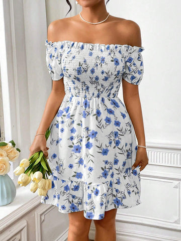 One Shoulder Floral Print Dress