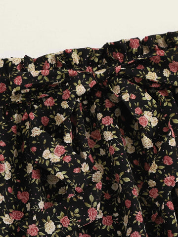 WYWH Paperbag Waist Belted Ditsy Floral Skater Skirt