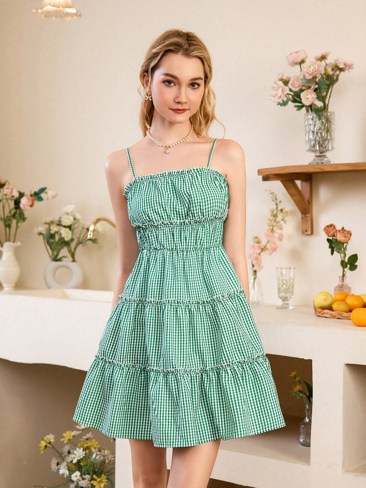 Plaid Printed Ruffle Hem Decor Strap Sleeveless Dress