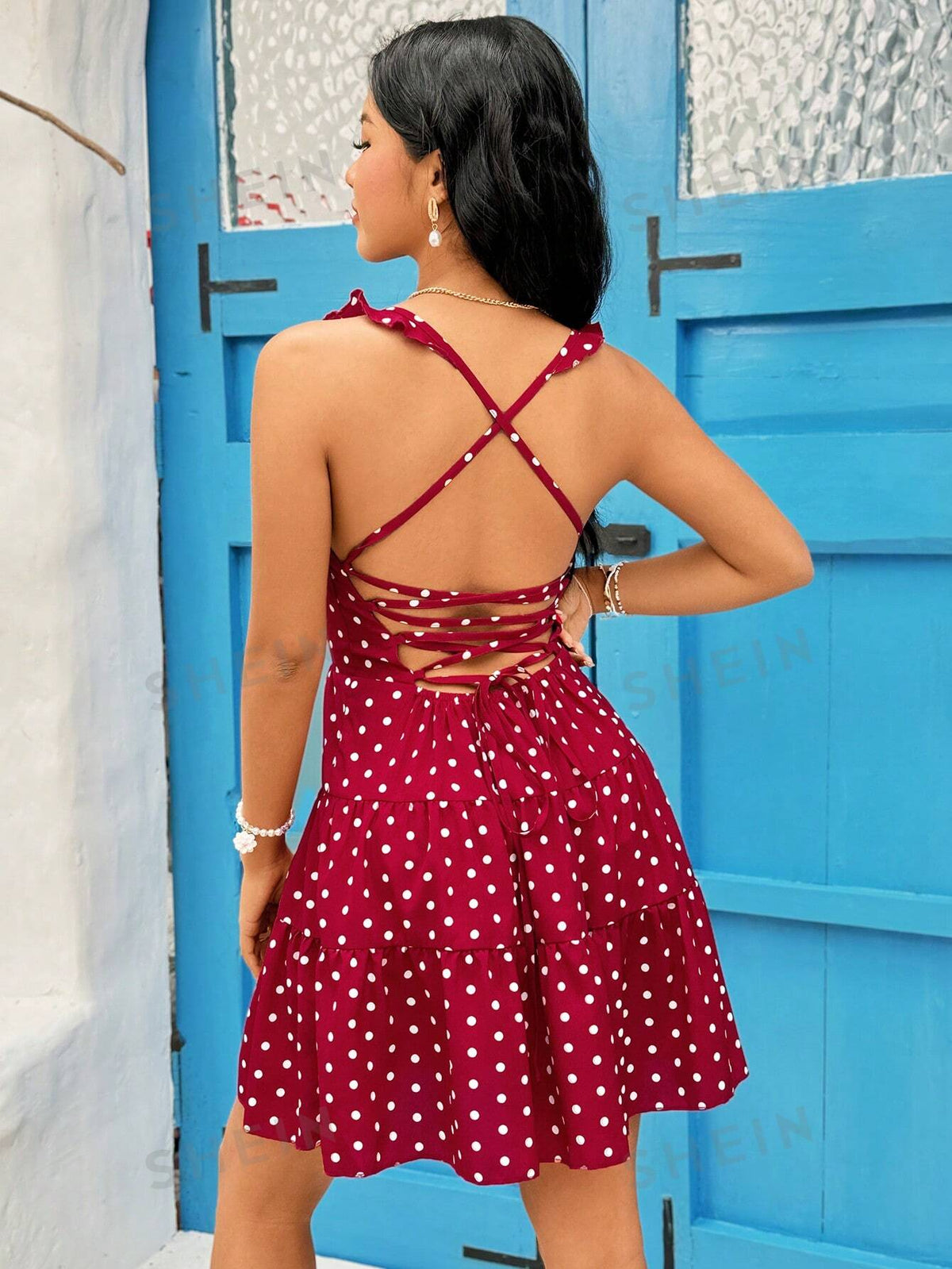 Polka Dot Print Backless Sleeveless Sundress With Shoulder Straps