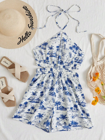 Printed Halter Neck Romper For Beach Vacation