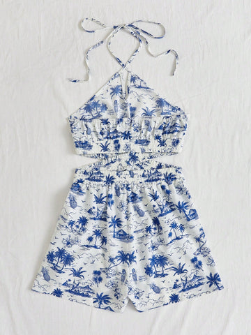 Printed Halter Neck Romper For Beach Vacation