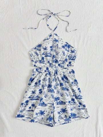 Printed Halter Neck Romper For Beach Vacation