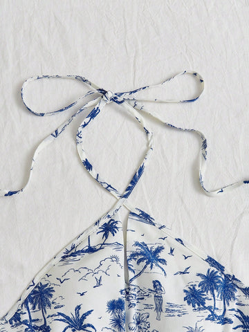 Printed Halter Neck Romper For Beach Vacation