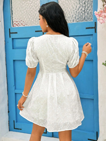 Puff Sleeve A-Line Dress Sundress Short White Dress