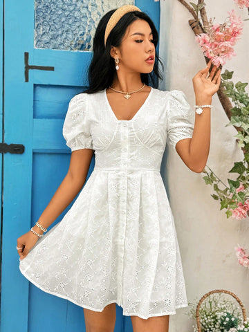 Puff Sleeve A-Line Dress Sundress Short White Dress
