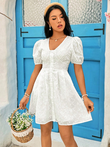 Puff Sleeve A-Line Dress Sundress Short White Dress