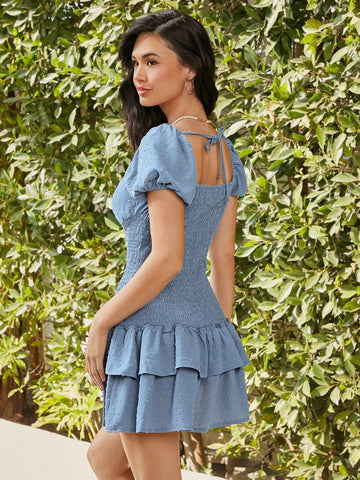 Puff Sleeve Cake Dress With Waist Wrap
